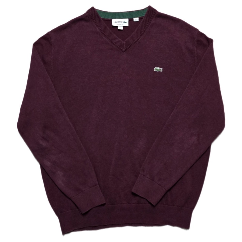Lacoste V-Neck Cotton Spring Sweater Men's Large Bordeaux Red